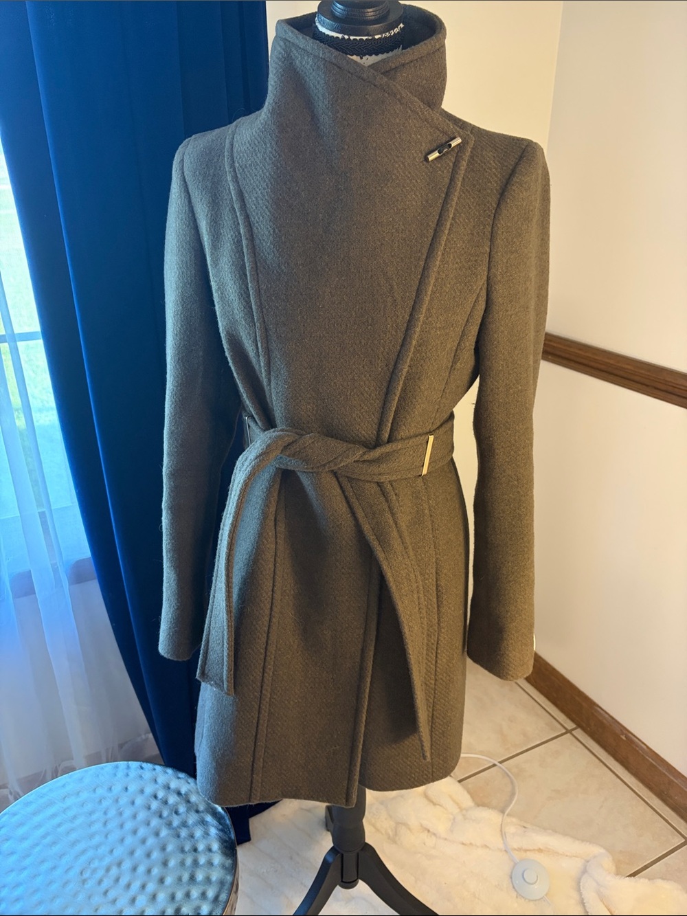 Calvin Klein Asymmetrical Olive Wrap Belted Trench Coat